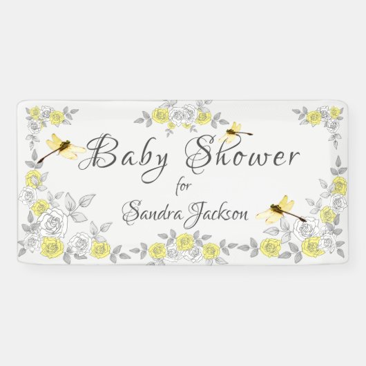 Geel en grijs Roos Dragonfly Baby shower Bann Spandoek (Horizontaal)