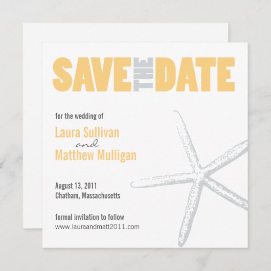 Geel en grijs Starfish Weddenschap Save the Date (Voorkant / Achterkant)