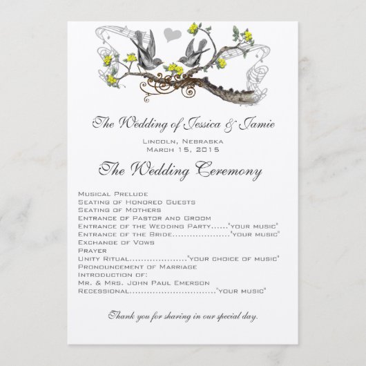 Geel en grijs  Tortelduifjes bruiloft Programmakaart (Voorkant)