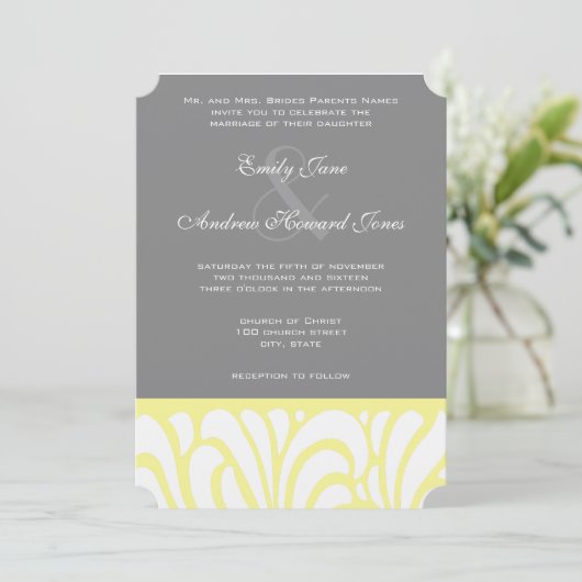 Geel en grijs trilpatroon uitnodiging (Staand voorkant)