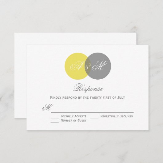 Geel en grijs Twin Monogrammen Wedding RSVP Kaart (Voorkant / Achterkant)