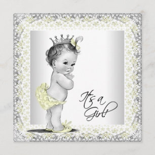 Geel en grijs vintage babyshower voor meisje kaart