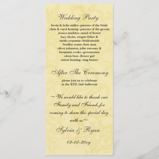 Geel en grijs  Vlaams huwelijk Programmakaart (Achterkant)