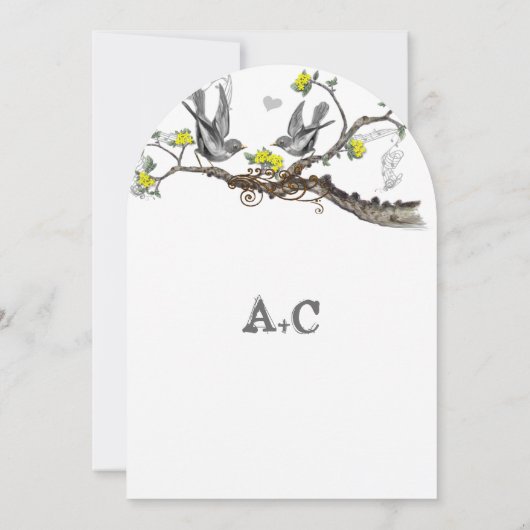 Geel en grijs vogelhuwelijk uitnodigen kaart (Achterkant)