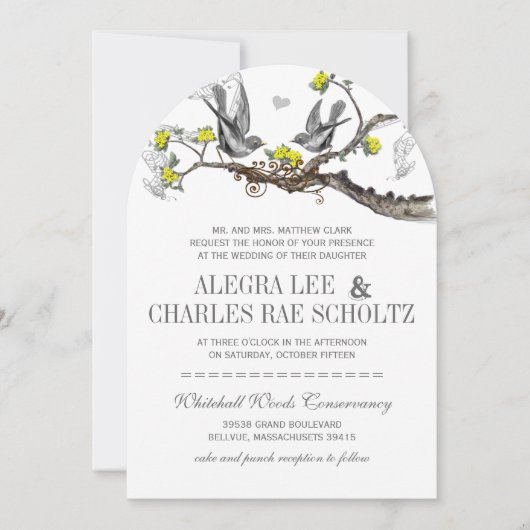 Geel en grijs vogelhuwelijk uitnodigen kaart (Voorkant)