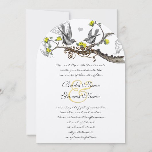 Geel en grijs  vogelhuwelijk uitnodigen kaart (Voorkant)