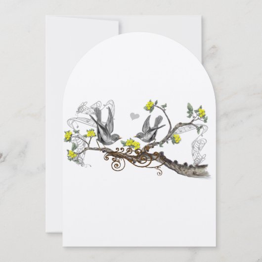 Geel en grijs vogelhuwelijk uitnodigen kaart (Achterkant)