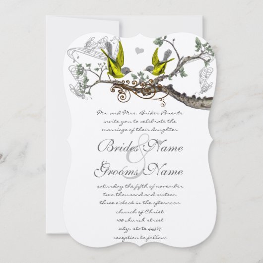 Geel en grijs  vogelhuwelijk uitnodigen kaart (Voorkant)