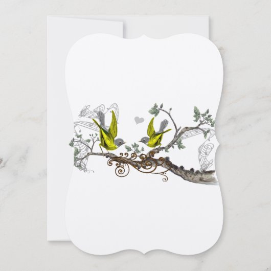 Geel en grijs  vogelhuwelijk uitnodigen kaart (Achterkant)