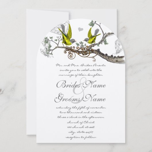 Geel en grijs  vogelhuwelijk uitnodigen kaart (Voorkant)