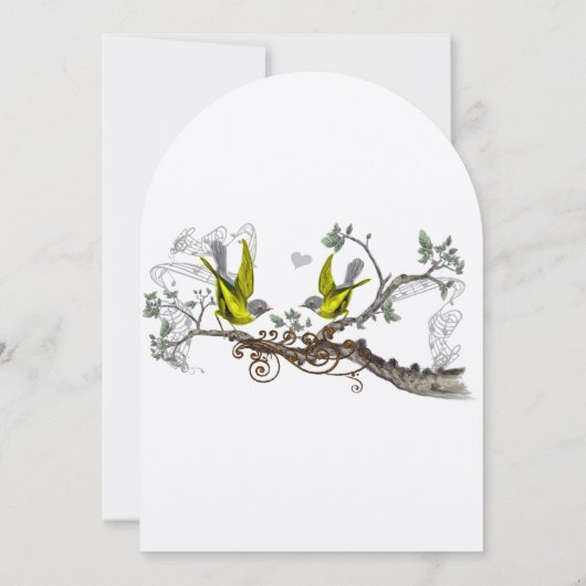 Geel en grijs  vogelhuwelijk uitnodigen kaart (Achterkant)