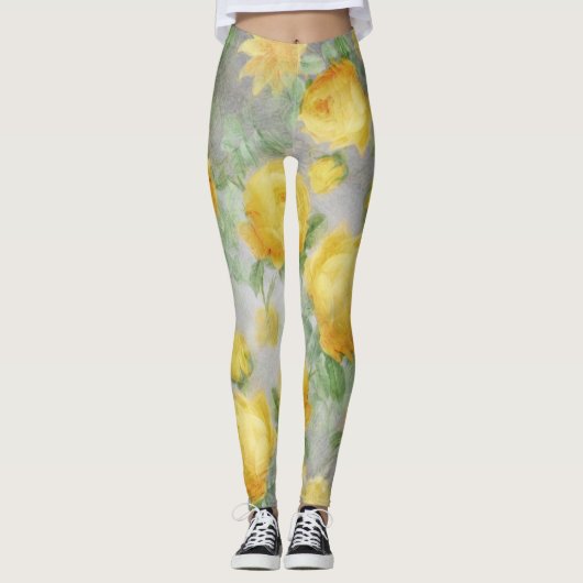  Geel en Grijs Waterverf Bloemen Leggings (Voorkant)