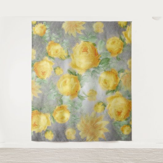 Geel en Grijs Waterverf Bloemen Wandkleed (Voorkant)