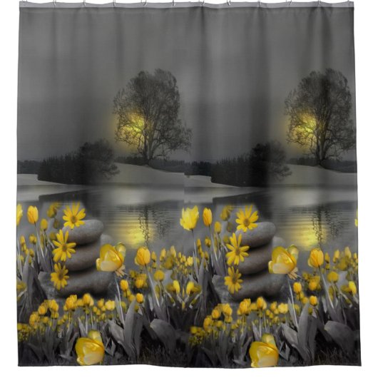 Geel en grijs zonsonderstel met tulpen douchegordijn (Voorkant)