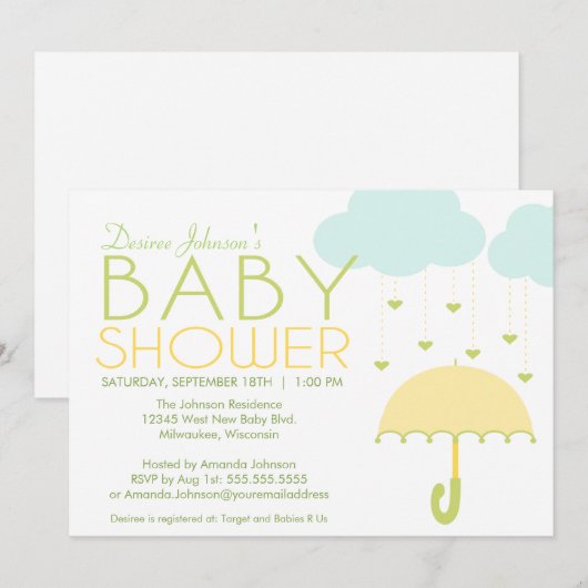 Geel en groen Baby shower Uitnodiging (Voorkant / Achterkant)