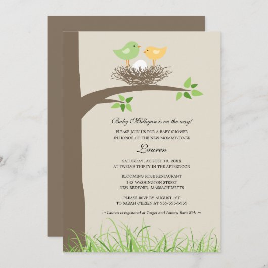 Geel en Groen Babyevogelnest | Baby Shower Kaart (Voorkant / Achterkant)