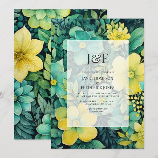 Geel en groen Bloemen Huwelijk Monogram Kaart (Voorkant / Achterkant)