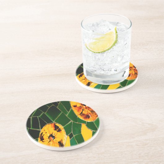 Geel en groen bloemmozaïek zandsteen onderzetter (Zijkant)