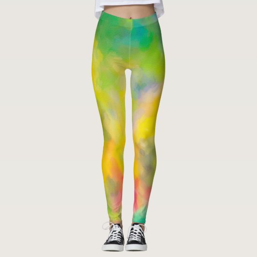 Geel en groen Botanisch Kunstpatroon vertekend Leggings (Voorkant)