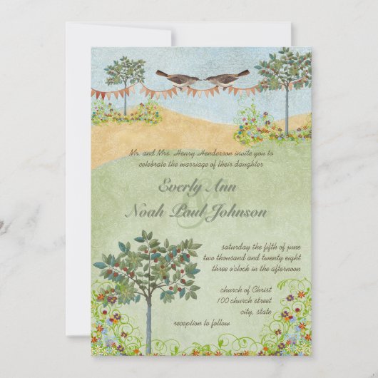 Geel- en Groen Bunting Pennant Wedding Tree Meadow Kaart (Voorkant)