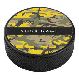 Geel en groen camouflage Jouw naam Personaliseren Hockey Puck