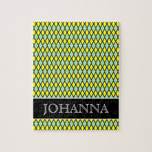 Geel en groen diamantpatroon + naam legpuzzel (Verticaal)