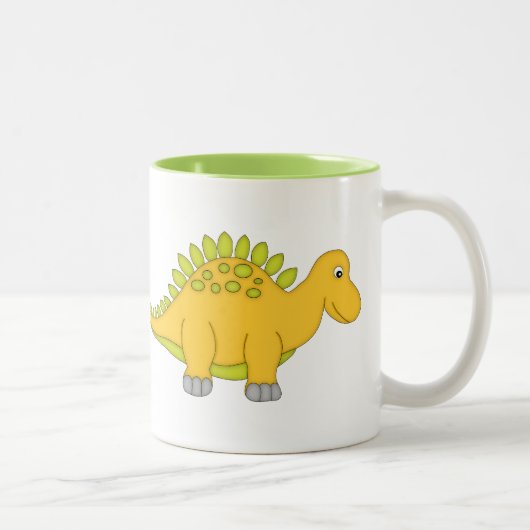 Geel en groen dinosaurus+Persoonlijke naam Tweekleurige Koffiemok (Rechts)