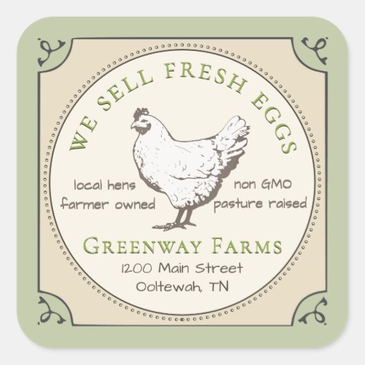 Geel en groen Eiwitkarton Etiket met  Hen (Voorkant)