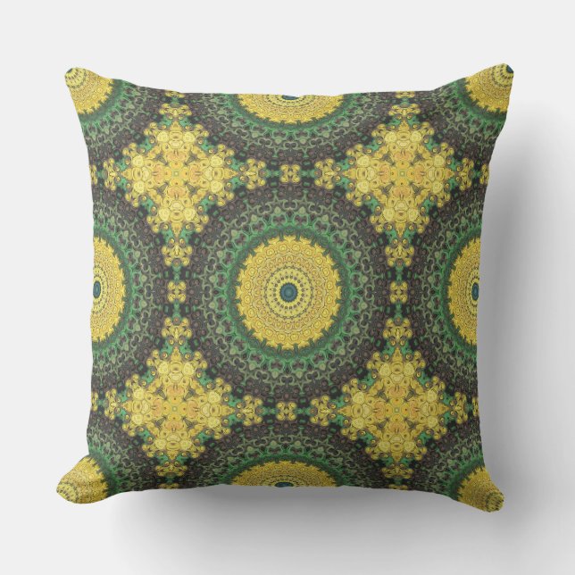 Geel en Groen Kaleidoscoop Mandala Patroon Kussen (Voorkant)