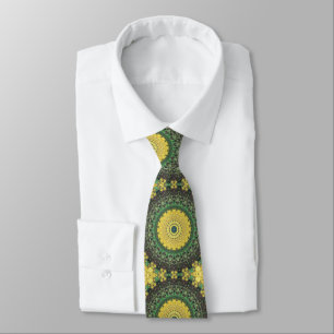 Geel en Groen Kaleidoscoop Mandala Patroon Stropdas