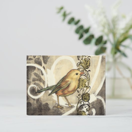 Geel en groen vogel op  achtergrond briefkaart (Staand voorkant)