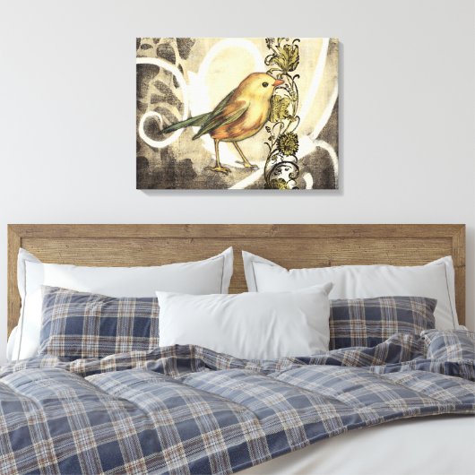 Geel en groen vogel op achtergrond canvas afdruk (Insitu (Slaapkamer))