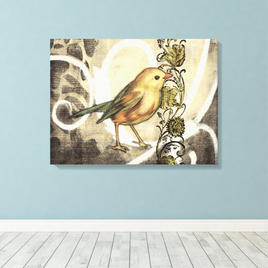 Geel en groen vogel op achtergrond canvas afdruk (Insitu (Houten vloer))