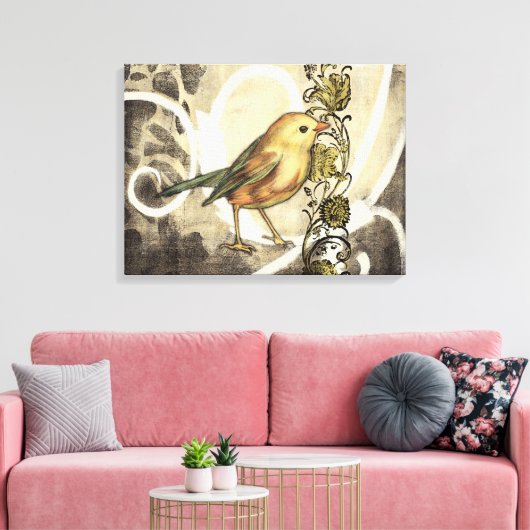 Geel en groen vogel op achtergrond canvas afdruk (Insitu (Woonkamer))