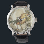 Geel en groen vogel op  achtergrond horloge<br><div class="desc">Deze mix van schilderen en schetsen portretteert een close-up van een gele en groene vogel op een eenvoudige zwarte en beige achtergrond. De witte lijnen op de achtergrond voegen een  toon toe. Dit afbeelding past perfect bij elk aanpasbaar Zazzle-product.</div>