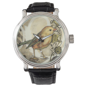 Geel en groen vogel op  achtergrond horloge