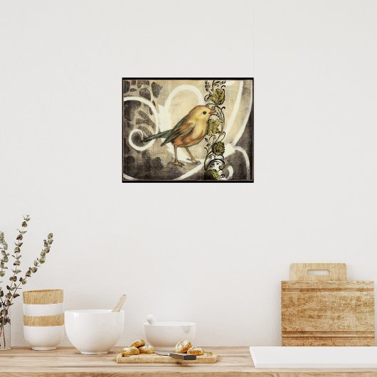 Geel en groen vogel op  achtergrond poster (Keuken)