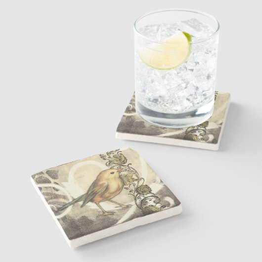 Geel en groen vogel op  achtergrond stenen onderzetter (Zijkant)