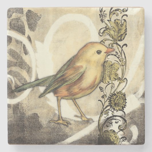 Geel en groen vogel op  achtergrond stenen onderzetter (Voorkant)