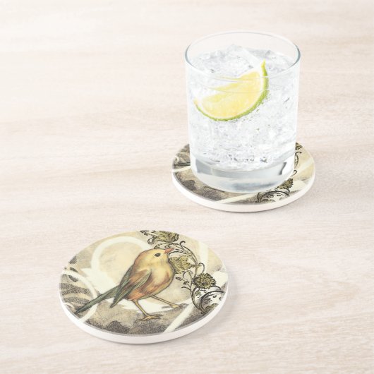 Geel en groen vogel op  achtergrond zandsteen onderzetter (Zijkant)