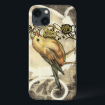 Geel en groen vogel op Vintage achtergrond iPhone 13 Hoesje<br><div class="desc">Deze combinatie van schilderen en schetsen toont een close-up van een gele en groene vogel op een eenvoudige zwarte en beige achtergrond. De witte lijnen op de achtergrond voegen een  toon toe. Dit afbeelding past perfect bij elk aanpasbaar Zazzle-product.</div>