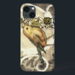 Geel en groen vogel op Vintage achtergrond iPhone 13 Hoesje<br><div class="desc">Deze combinatie van schilderen en schetsen toont een close-up van een gele en groene vogel op een eenvoudige zwarte en beige achtergrond. De witte lijnen op de achtergrond voegen een  toon toe. Dit afbeelding past perfect bij elk aanpasbaar Zazzle-product.</div>