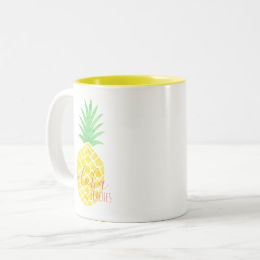 Geel en groen Waterverf Ananas Aloha Beaches Tweekleurige Koffiemok (Voorkant links)