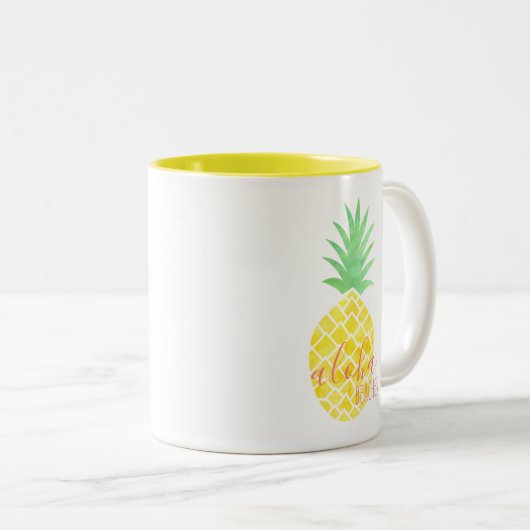 Geel en groen Waterverf Ananas Aloha Beaches Tweekleurige Koffiemok (Voorkant rechts)