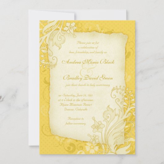 Geel en Ivory Floral Wedding Invitation Kaart (Voorkant)
