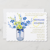 Geel en koninklijk blauw Mason Jar Wildflower Wedd Kaart (Voorkant)