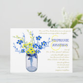 Geel en koninklijk blauw Mason Jar Wildflower Wedd Kaart (Staand voorkant)