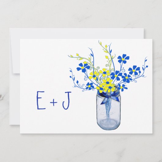 Geel en koninklijk blauw Mason Jar Wildflower Wedd Kaart (Achterkant)