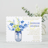 Geel en koninklijk blauw Mason Jar Wildflower Wedd Kaart (Staand voorkant)