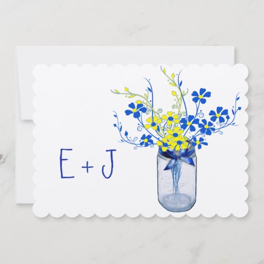 Geel en koninklijk blauw Mason Jar Wildflower Wedd Kaart (Achterkant)